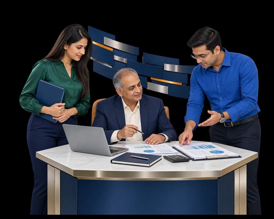 Illustration of two chartered accountants reviewing accounting reports and financial charts
