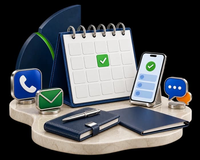 Illustration of a consultation calendar and chat bubbles inviting you to contact a chartered accountant