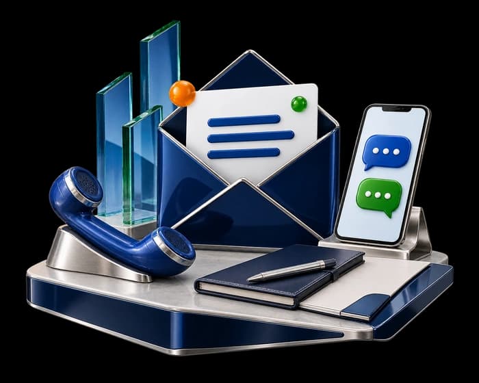 Illustration of messages, an email and a location pin representing getting in touch