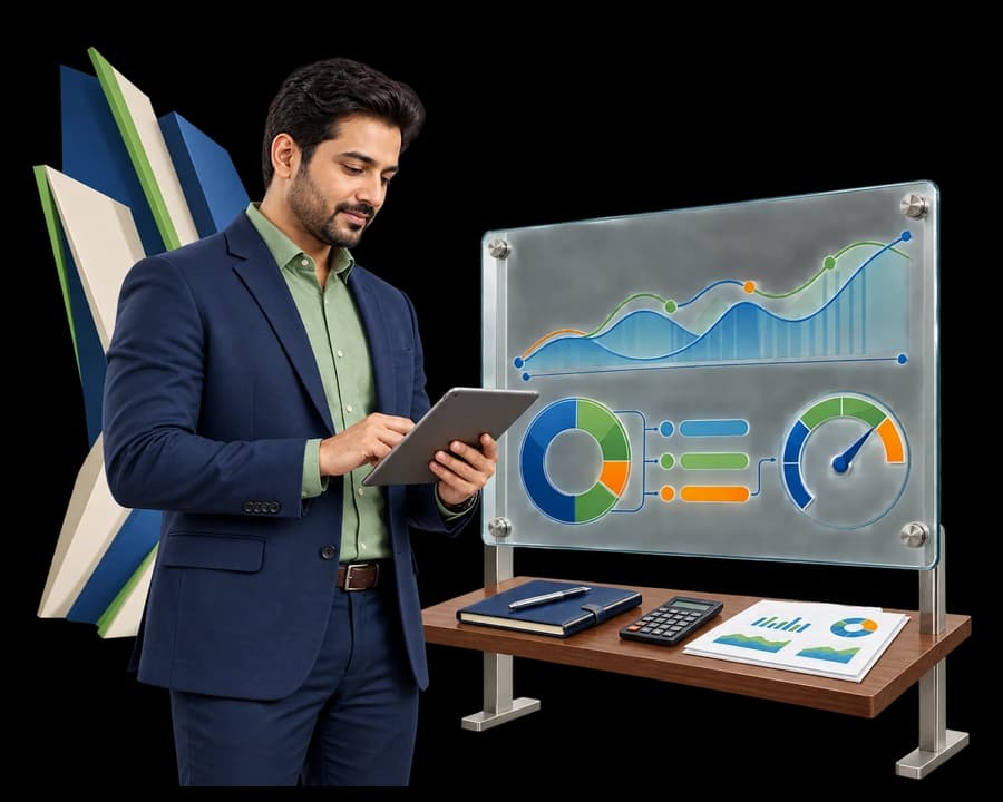 Illustration of a growth chart, finance breakdown and coins representing financial planning and cash-flow management