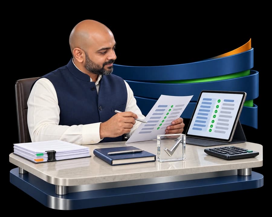 Illustration of a magnifying glass reviewing a financial document with a verified shield, representing audit and assurance