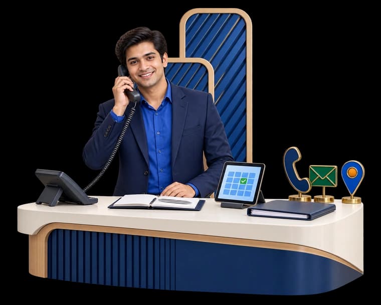 Illustration of chat messages, an email and a location pin representing contacting the firm
