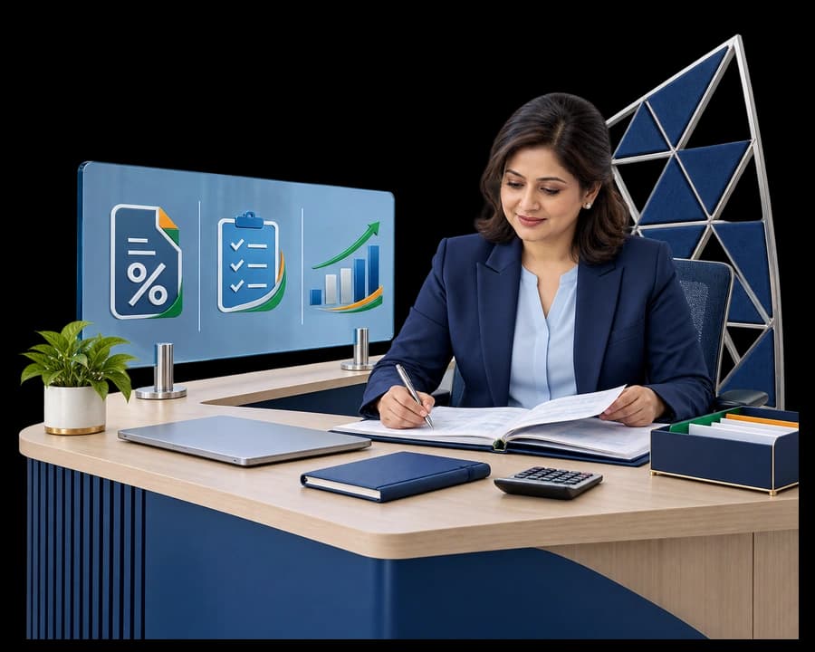 Illustration of financial documents, a calculator and a growth chart representing accounting and tax services