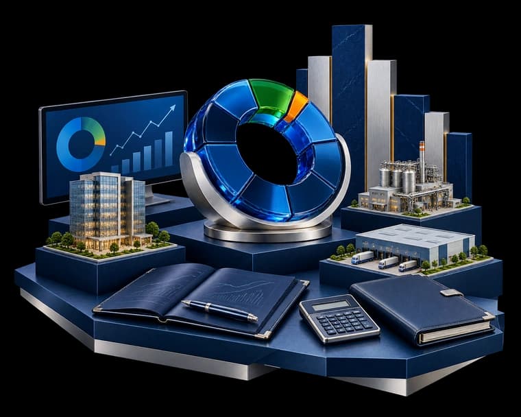 Illustration of office buildings beside a bar chart and a ring chart representing private equity investment