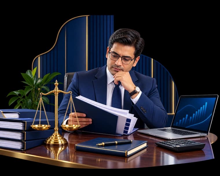 Illustration of a notice document, a balance of scales and a protective shield representing tax litigation support