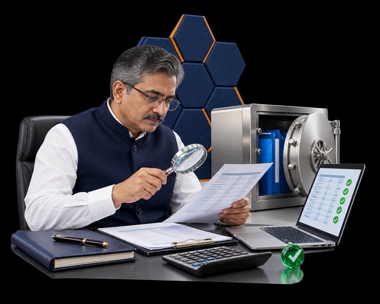 Bank building illustration with a magnifying glass and audit shield