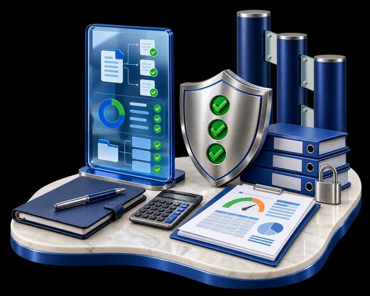 Illustration of a bank building beside a compliance checklist and a protective shield