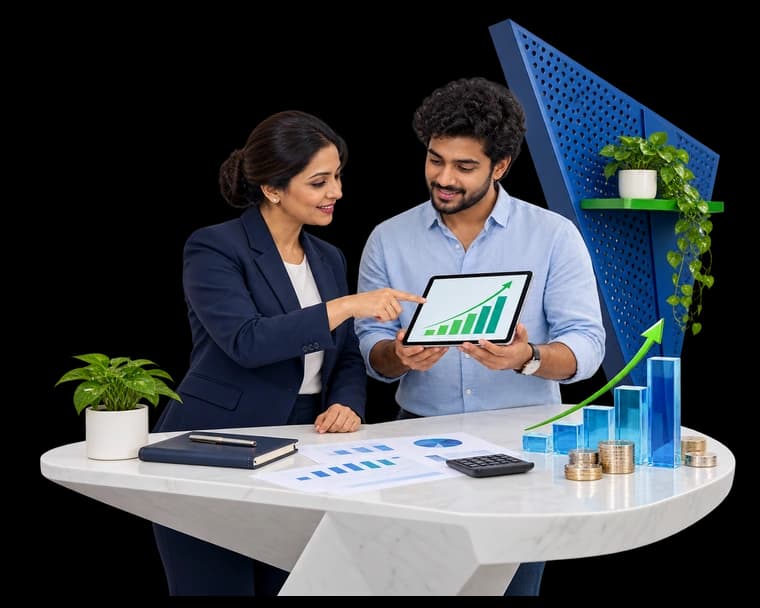 Illustration of a rocket launching above a rising growth chart representing startup advisory and funding