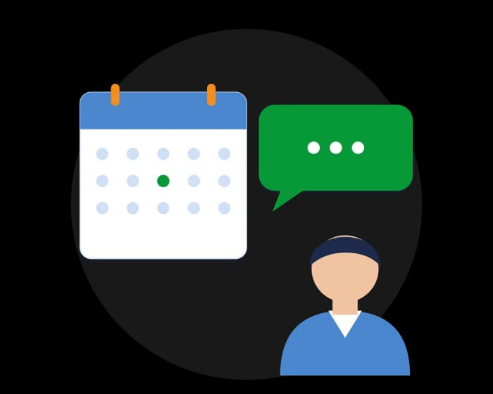 Illustration of a consultation calendar and chat bubbles inviting you to start a conversation