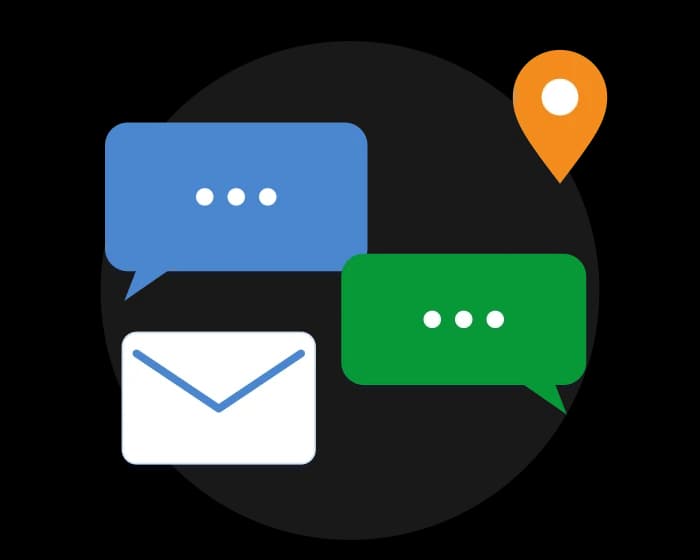 Illustration of messages, an email and a location pin representing talking to our team
