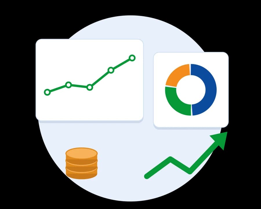 Illustration of a growth chart, finance breakdown and coins representing financial solutions