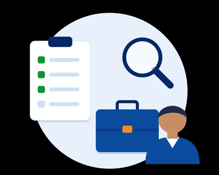 Illustration of a job checklist, briefcase and professional representing careers and job applications