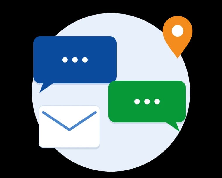 Illustration of chat messages, an email and a location pin representing contacting the firm