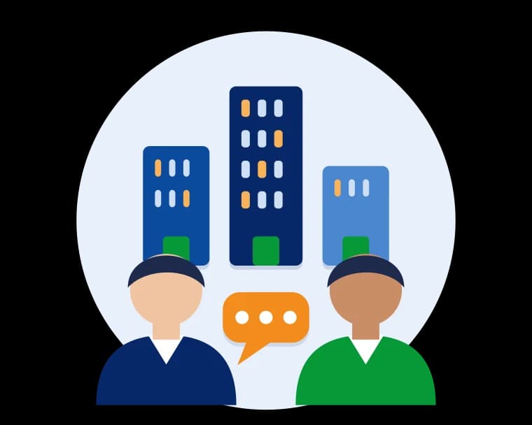 Illustration of two advisors and office buildings representing partners and clients