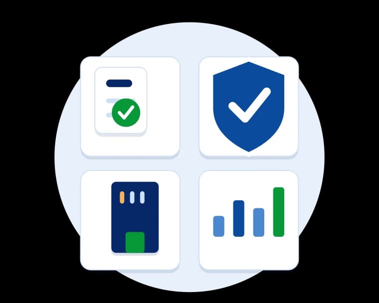 Illustration of service icons for documents, audit shield, company building and performance chart