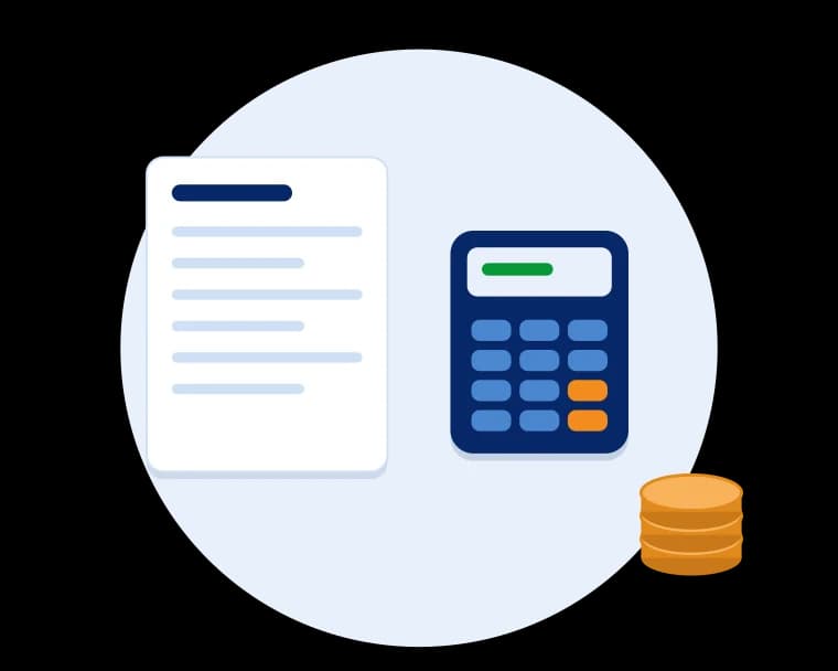 Illustration of a ledger document, calculator and coins representing accounting and bookkeeping