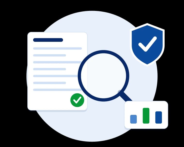 Illustration of a magnifying glass over a document with a verified shield representing audit and assurance