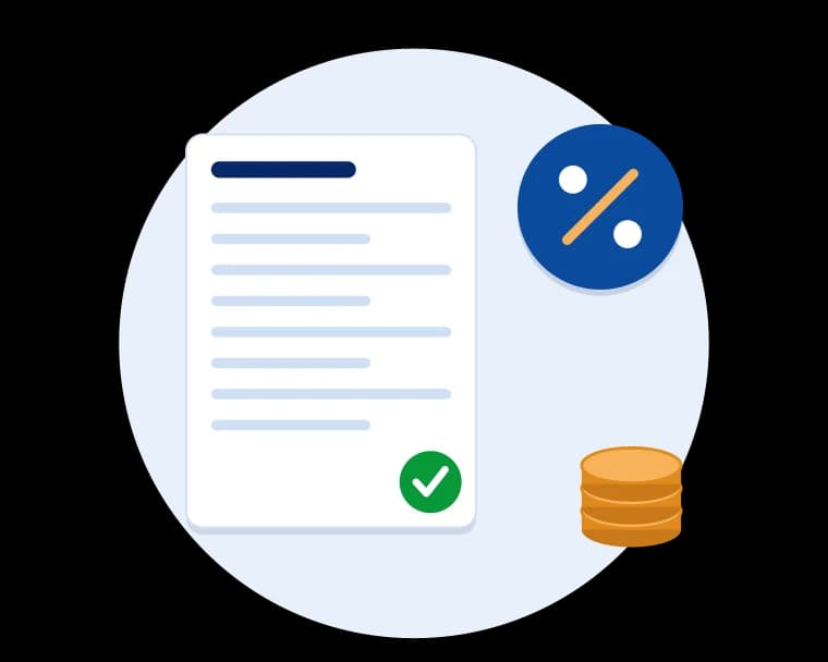 Illustration of a tax return document with a verified tick and a percentage badge representing income tax filing