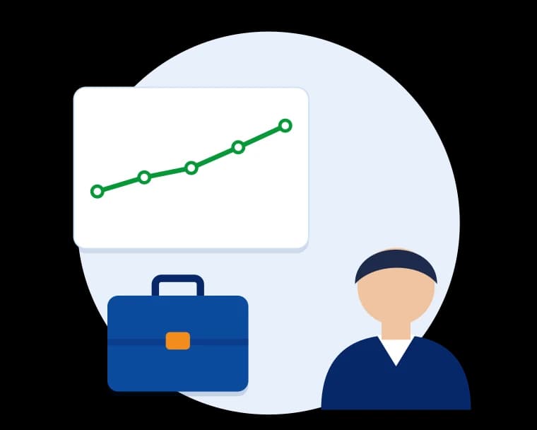 Illustration of a briefcase, performance chart and finance leader representing Virtual CFO services